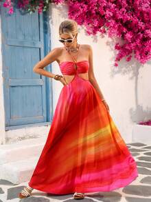 Vivid Eden 女士露背吊带镂空A字印花休闲度假连衣裙 - 粉色 - 查看 7