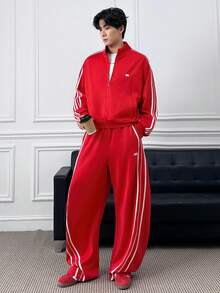 ESTAVOR 男士开衫卫衣 运动休闲风格 条纹设计 - 紅色 - 查看 2