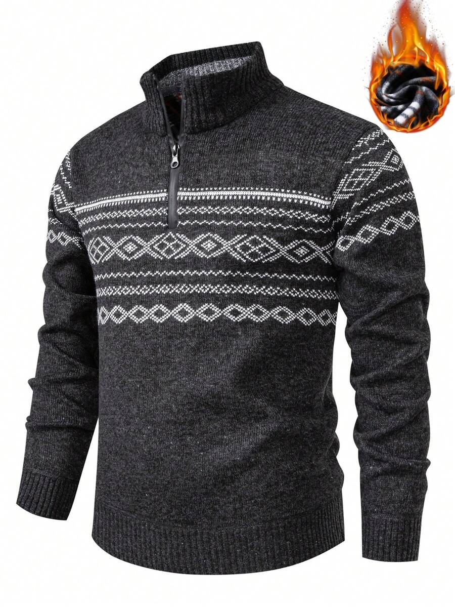 Manfinity Mode Men's Casual Geometric Pattern Half Zip Sweater, Autumn/Winter Patterned Winter Sweater, Thermal Lined - Dark Grey - View 1