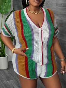 Slaydiva Große Größen V-Ausschnitt Strickjacke Kurzarm Shorts Set, vertikale gestreifte Farbblock, lässiger Urlaubs-Sommer-Strick