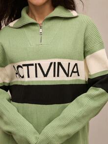 Activina Women's Colorblock Striped Letter Graphic Ski Sweater Ski Green White Black Oversize Fall Winter - Mint Green - View 5