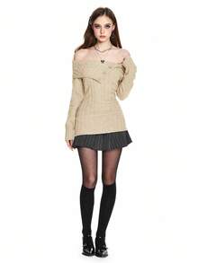 ROMWE Y2K风格露肩罗纹针织毛衣，腰部收紧 - 咖啡棕 - 查看 4