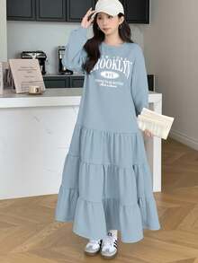 少女休闲宽松圆领落肩保暖内衬褶皱下摆连衣裙，返校季，适合秋冬季节，女童长裙 - 藍色 - 查看 5