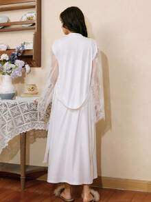 Côtesoire French Elegant White Lace Robe Set,Spaghetti Strap Maxi Dress Sleepwear Pajama, Open Slit Nightgown,Autumn Winter 2 Piece Sleep Set For Women - White - View 2
