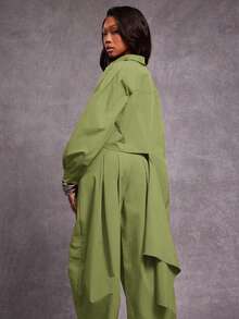NYA SZN Long Sleeve Oversized Loose Buttons Collar Drape Detail High Low Hem Shirt, Teacher Summer - Green - View 2