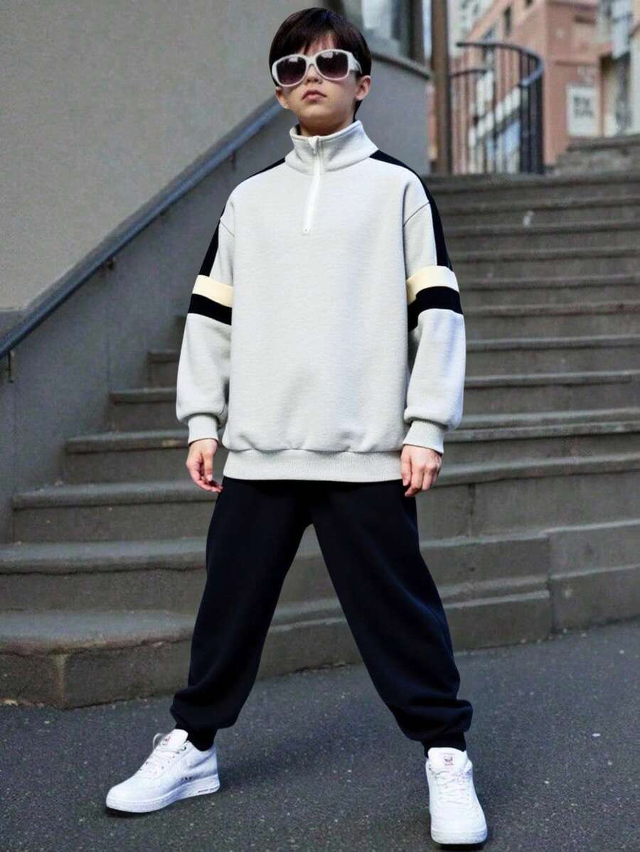 Leap Crew 2 件套青少年男童秋季运动衫套装，拼色套头衫，秋冬运动套装，适合返校、派对、婚礼、戒指持有人、儿童休闲装、开幕式、日常穿着、学校、旅行 - 灰色 - 查看 1