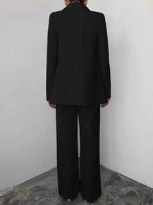 EURMUSE Women's Solid Color Lapel NeckLong Sleeve Jacket And Flared Pants Elegant Suit Set - Hitam - View 2