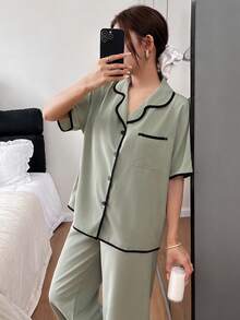 SHEIN Contrast Trim Lapel Casual Loose Short Sleeve Pajama Set - Green - View 6