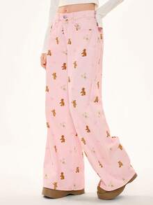 ROMWE Kawaii 可爱公主辣妹熊印花女式牛仔裤 - 粉色 - 查看 4