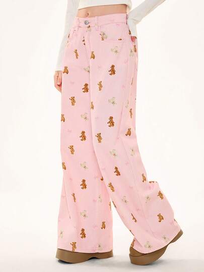 Jeans de mujer con estampado de oso estilo Hime Gyaru (Kawaii y lindo)