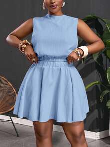 Slaydiva Bộ đồ 2 mảnh màu kaki trơn, ôm sát, không tay và chân váy chữ A, chất liệu vải dệt họa tiết, thoải mái, dành cho nữ cỡ lớn, thích hợp cho kỳ nghỉ xuân/hè. - Màu xanh lam - Xem 9