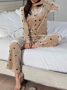 DAZY 2 pezzi Set pigiama donna con stampa a stelle in velluto, manica lunga e pantaloni, autunno/inverno - Cachi - Visualizzare 9