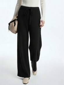 Aalyst Women's Solid Color Waist Tie Wide Leg Loose Casual Knit Pants