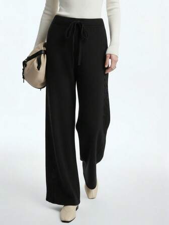 Aalyst Women's Solid Color Waist Tie Wide Leg Loose Casual Knit Pants