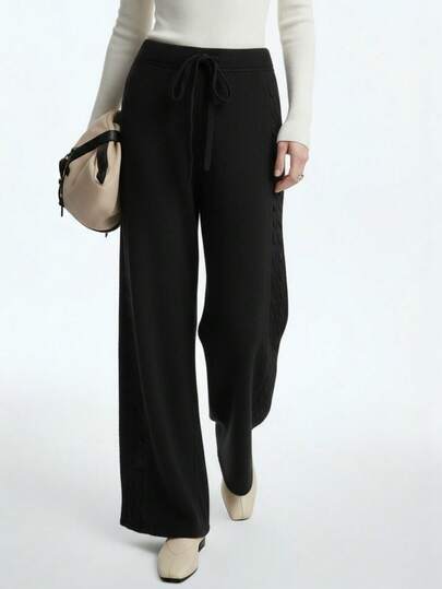 Aalyst Women's Solid Color Waist Tie Wide Leg Loose Casual Knit Pants