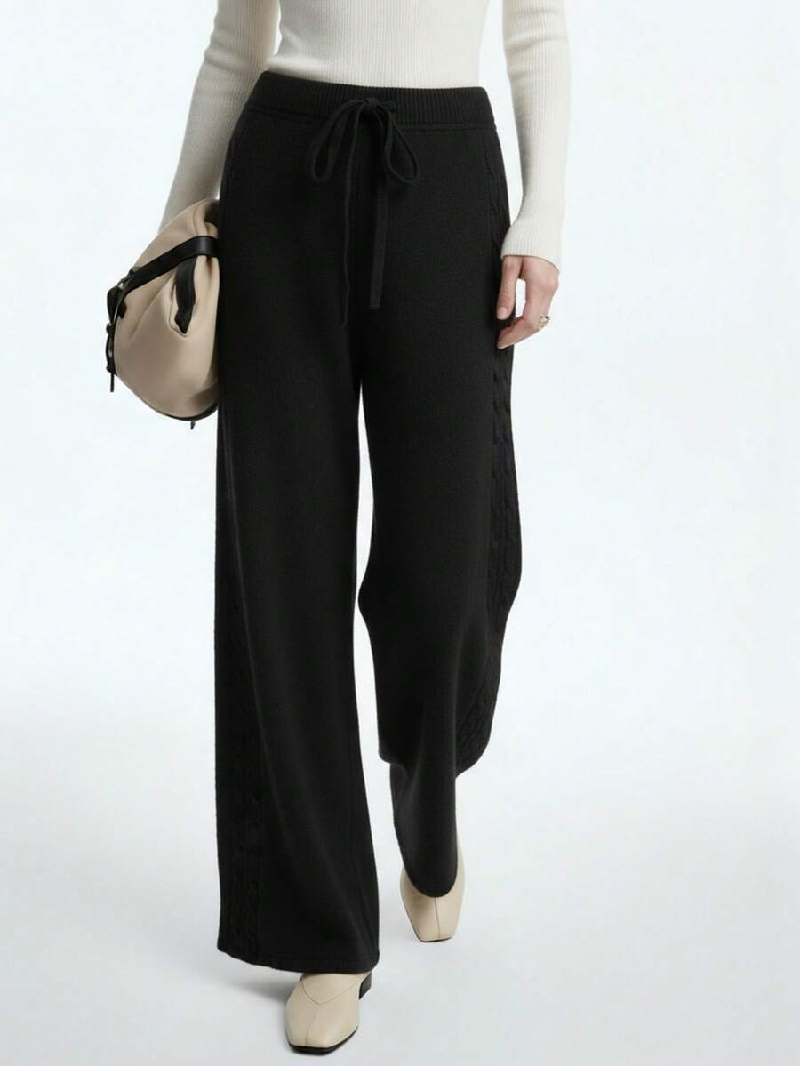 Aalyst Women's Solid Color Waist Tie Wide Leg Loose Casual Knit Pants