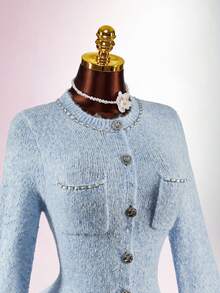 Amplova Women's Elegant Bell Sleeve Knit Blended Jumpsuit, Suitable For Commuting, Party, And Dates, Autumn/Winter Tweed Baby Blue Outfit Women