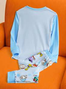 Nick 90s | SHEIN Young Boy Cartoon Dinosaur Print Blue Long Sleeve Crew Neck T-Shirt And Pants Pajama Set - Blue - View 2