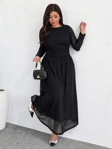 Firerie Vestido midi elegante formal de noche para mujer talla grande, negro con lunares, de otoño, manga larga, ajustado y elástico, para fiesta, invitada de boda y graduación - Negro - Ver 3