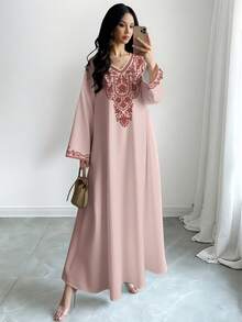 SHEIN Najma Women's Retro Floral Digital Retro Print V-Neck Long Sleeve Elegant Arabian Dresses Spring/Autumn - Multicolor - View 1