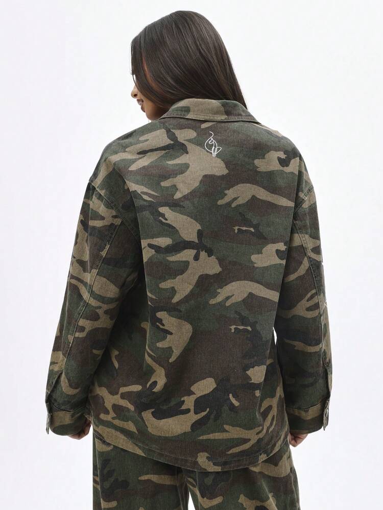 BABYPHAT Oversized Camouflage Utility Jacket With Button Closure And Chest Pockets For Fall Winter Casual Streetwear Style