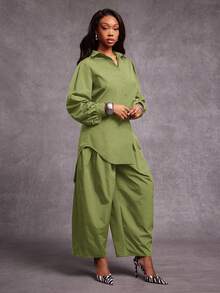 NYA SZN Long Sleeve Oversized Loose Buttons Collar Drape Detail High Low Hem Shirt, Teacher Summer - Green - View 3