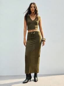 Maija 2pcs Set:Textured Camisole Top And Extra Long Skirt,Olive Green Summer Boho Vacation Holiday,Cozy Fall Winter Women's Clothing,Beach Outfit,Christmas - Army Green - View 4
