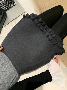 FRIFUL Women's Solid Gray Elastic Waist Fitted Ruffle Hem Knit Skirt, Versatile Autumn/Winter - Grey - View 1