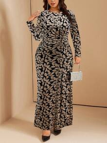 Comfylo Plus Size Velvet Twist Waist Bodycon Dress Dress Modest Zeylah Dress Moftif Dresses For Women Velvet Dress For Women Long Sleeve Maxi Dress Women - Apricot - View 4