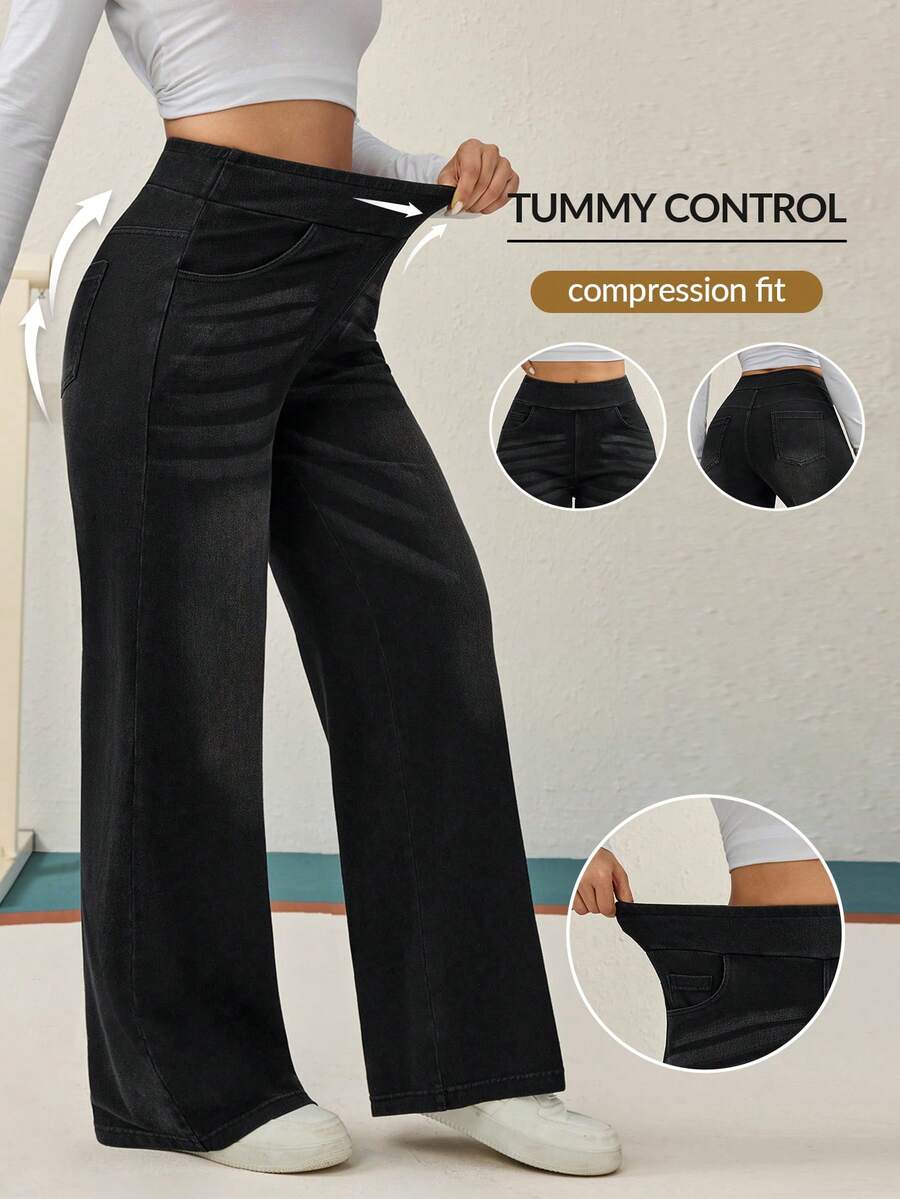 Flexra Pantalones vaqueros de pierna ancha de punto de estilo casual de calle para mujer