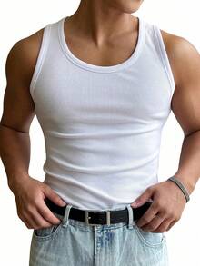 Manfinity Sport Corelite Men's Crew Neck Ribbed Rib Knit Tank Top, Casual Sports Summer Top Workout Tops White Tank Top Breathable - White - View 1