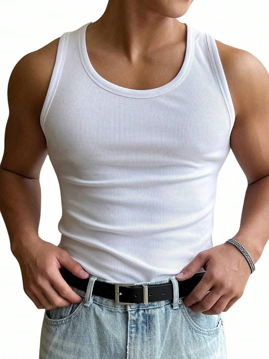 Manfinity Sport Corelite Men's Crew Neck Ribbed Rib Knit Tank Top, Casual Sports Summer Top Workout Tops White Tank Top Breathable - White - View 1