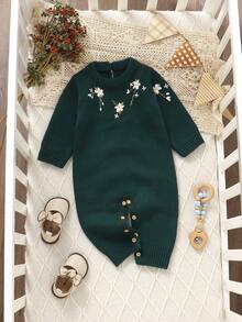 SHEIN 1pc Baby Green Romper With Embroidered Floral Decor, Crew Neck Long Sleeve Fashionable Sweater Jumpsuit Warm Jumpsuit For Baby Baby Sweater Romper Baby Girl Winter Sweaters Knitted Baby Girl Clothes Baby Knitwear Baby Set Autumn Winter Season Christmas Clothes For Baby Vintage Winter Baby Clothes Baby Layette Spanish Baby Clothes Baby Girl Clothes Green Floral Baby Clothes - Dark Green - View 7