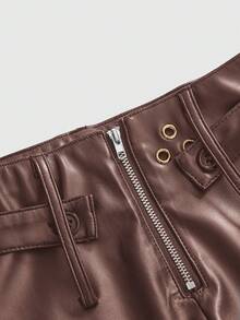 ROMWE Grunge Punk 朋克风金属铆钉性感超低腰紧身PU皮迷你短裤 - 咖啡棕 - 查看 3