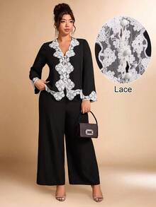 Allurite Damen Outfit in Große Größen, 2-teilig, Kontrast-Rüschen-Patchwork-Hemd und Hose Set, französischer Lässig-Stil - Schwarz - Übersicht 1