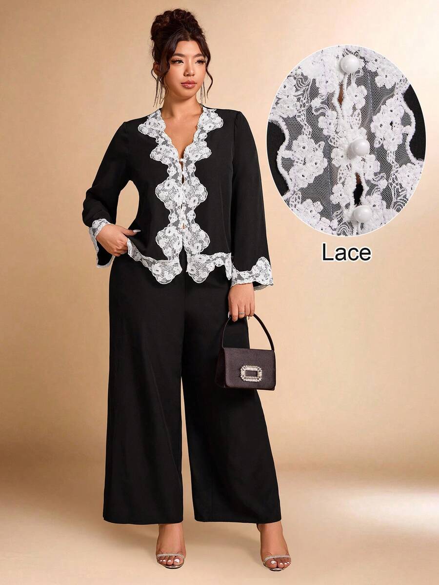 Allurite Damen Outfit in Große Größen, 2-teilig, Kontrast-Rüschen-Patchwork-Hemd und Hose Set, französischer Lässig-Stil - Schwarz - Übersicht 1