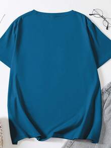 SHEIN LUNE 夏季女式大码字母印花圆领T恤图案T恤女式上衣 - 水鴨藍 - 查看 2