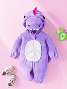 SHEIN 新生儿可爱趣味水晶毛绒3D恐龙造型连体衣，长袖长裤套装 - 紫羅蘭色 - 查看 2