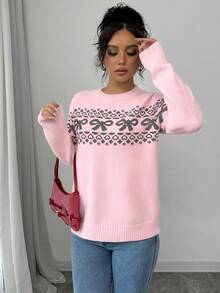 Elenzga Crew Neck Bow Decor Loose Fit Long Sleeve Women Sweaters - Pink - View 6