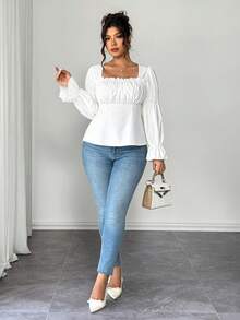 Elenzga 大码女士优雅翻领收腰长袖衬衫，适合外出和返校季，秋冬季 - 白色 - 查看 4