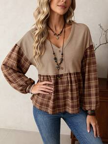 SHEIN LilyWest V-Neck Plaid Patchwork Long Sleeve Women Blouse - Brown - View 5