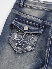Quần jeans ống loe đính đá hình bướm thêu màu xanh đậm cho bé gái tuổi mới lớn, thích hợp mặc đi học, mặc hàng ngày, du lịch, nghỉ dưỡng, tiệc tùng và chụp ảnh - Rửa tối - Xem 4