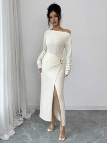 Rafferiza Metallic Decor Button Textured Fabric Asymmetrical Shoulder Split Long Sleeve Midi Dress For Women,Off-White,Autumn,Elegant,Dinner Date White Dress - Apricot - View 3