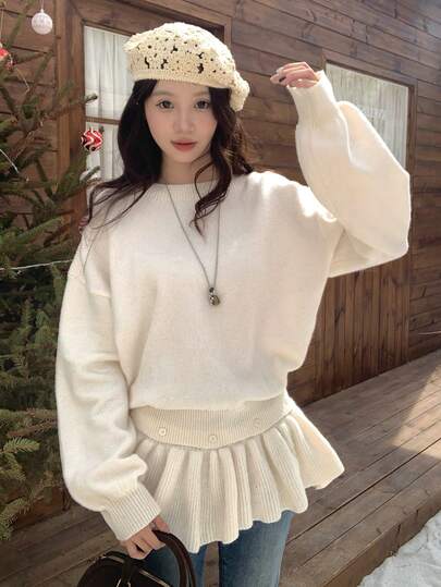 DAZY 女士圆领荷叶边拼接双面长袖毛衣，秋冬款