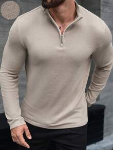 Manfinity CasualCool 男士纯色休闲百搭半拉链套头T恤 - 卡其色 - 查看 3