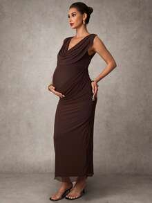 MaterniChic 孕妇纯色垂褶领褶皱修身无袖连衣裙 - 棕色 - 查看 5