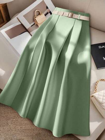 GlowEve CURVE Green Plus Size Women's Pleated High Waist A-Line Skirt
