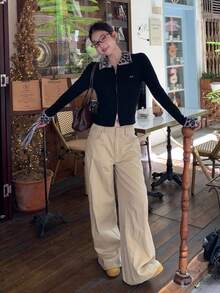 DAZY Áo khoác cardigan dài tay họa tiết da báo màu tương phản dành cho nữ, phong cách Hàn Quốc, xuân/thu - màu đen - Xem 4