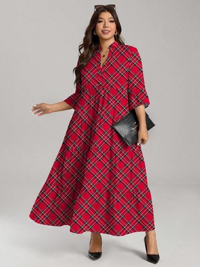 Comfylo Valentine's Day Casual Minimalist Red Plaid Print Pattern Holiday Vibe Elegant Plus Size Dress, Suitable For Autumn/Winter Plaid Dress Women Dress Modest Checkered Dress Picnic Dresses For Women Plus Size Shirt Dress