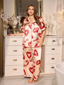 MuseNap CURVE Plus Size Women Sleepwear Set, Elegant Luxurious Sweet Heart Print Satin Short Sleeve Pants Suit Heart Pajama Set Satin Pajama Set - Red - View 4